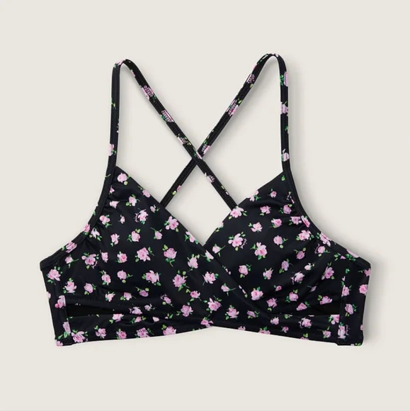 Victoria's secret pink body wrap bikini swim top BLACK FLORAL LARGE - Picture 2 of 7